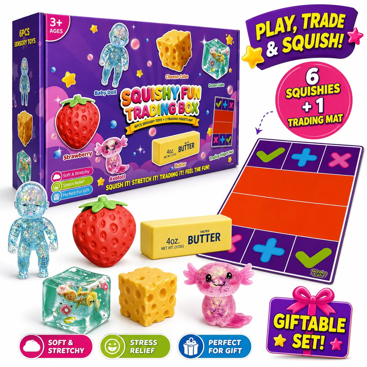 Squishy Fun Trading Box - 6Pcs Sensory StressRelief Toys with 1 Trading Fidget Mat, SoftStretchy Fidgets, Ideal Gift for Teens
