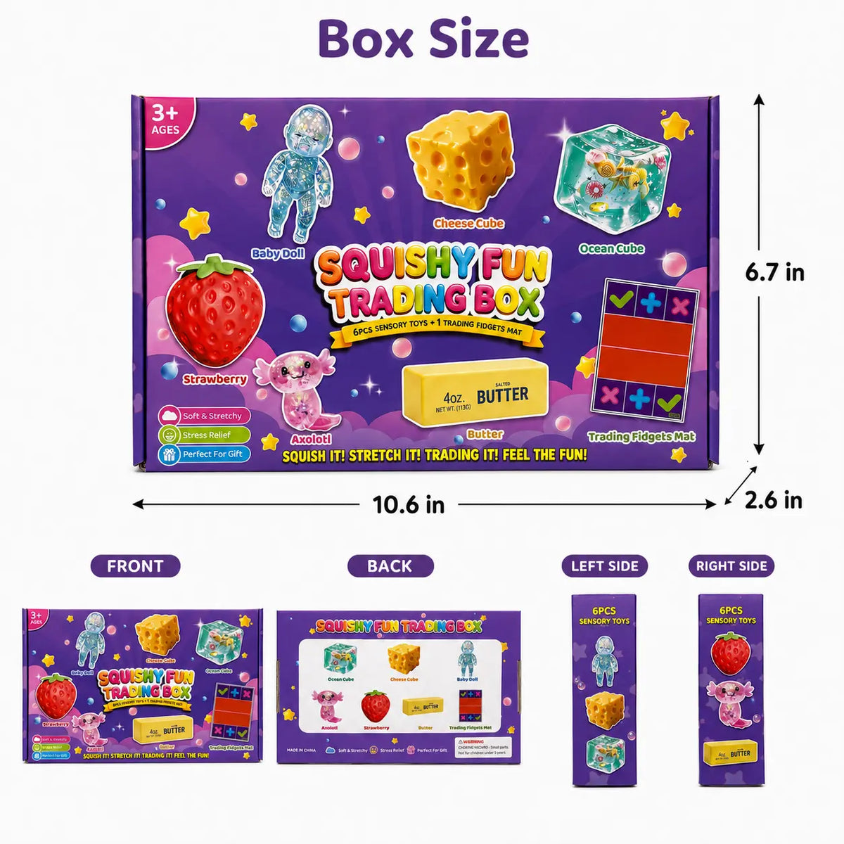 Squishy Fun Trading Box - 6Pcs Sensory StressRelief Toys with 1 Trading Fidget Mat, SoftStretchy Fidgets, Ideal Gift for Teens