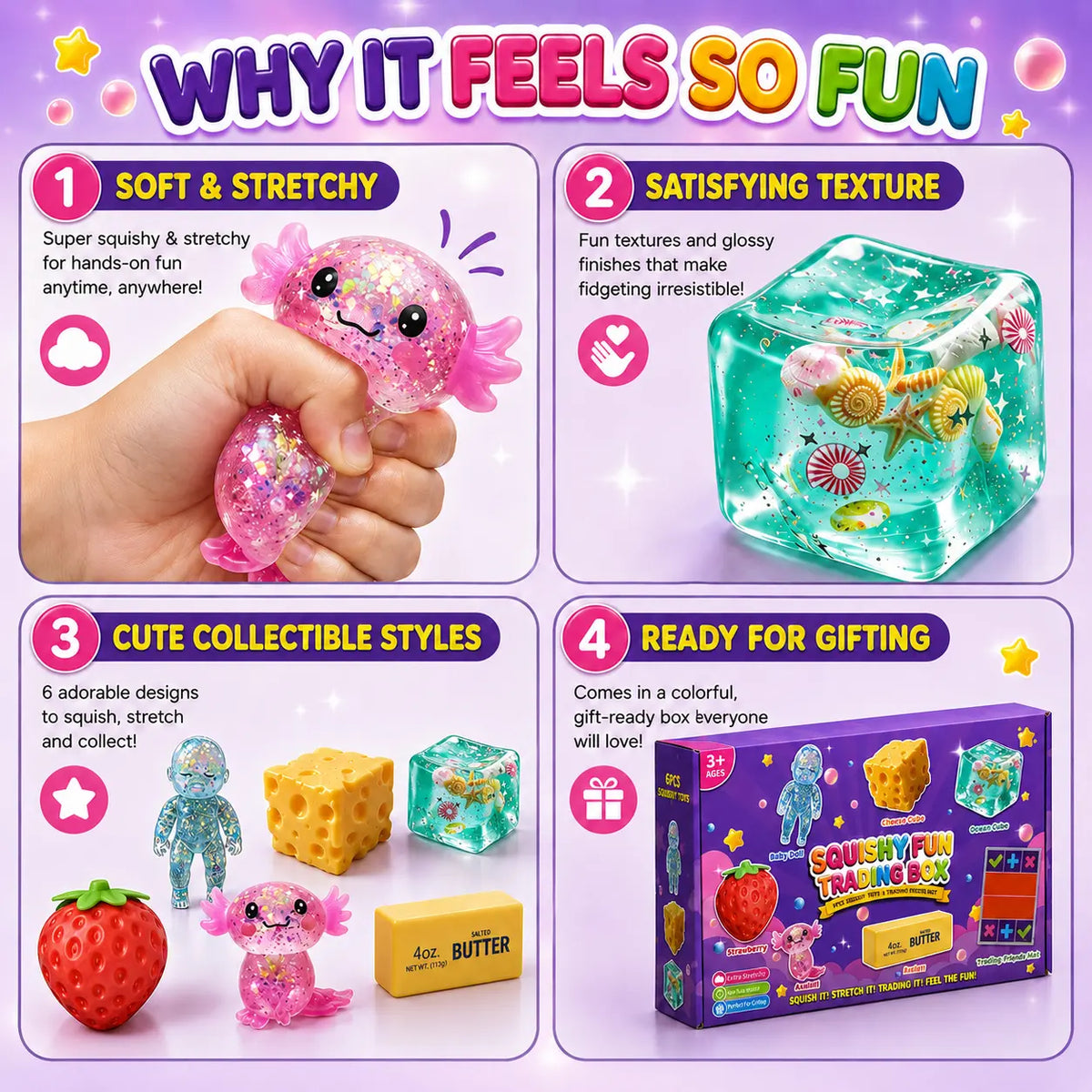 Squishy Fun Trading Box - 6Pcs Sensory StressRelief Toys with 1 Trading Fidget Mat, SoftStretchy Fidgets, Ideal Gift for Teens