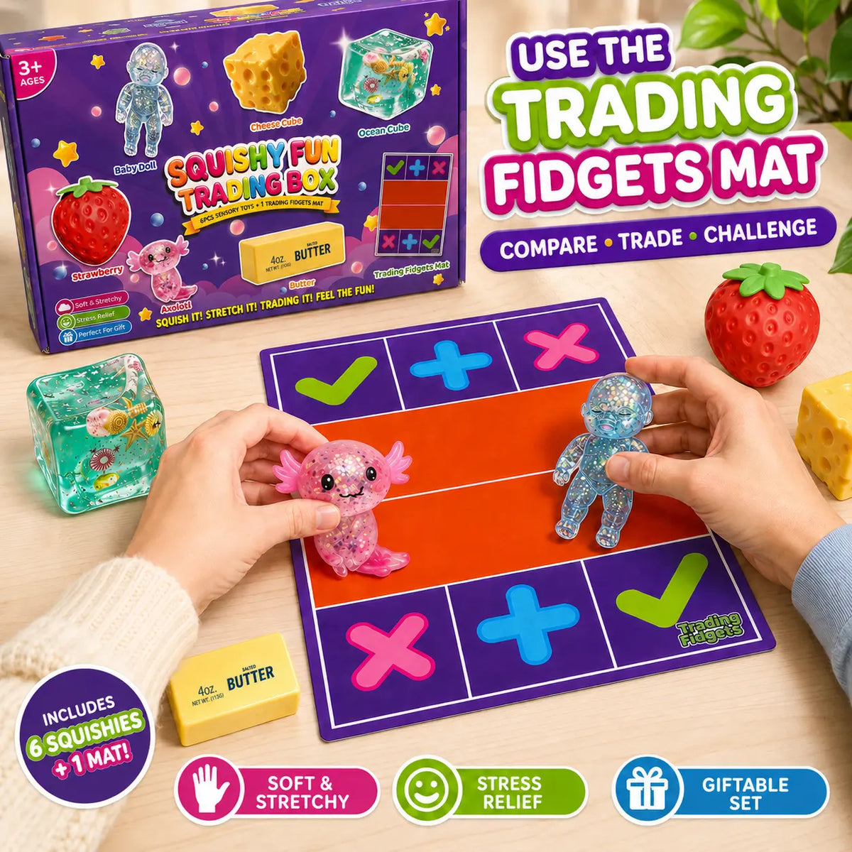 Squishy Fun Trading Box - 6Pcs Sensory StressRelief Toys with 1 Trading Fidget Mat, SoftStretchy Fidgets, Ideal Gift for Teens