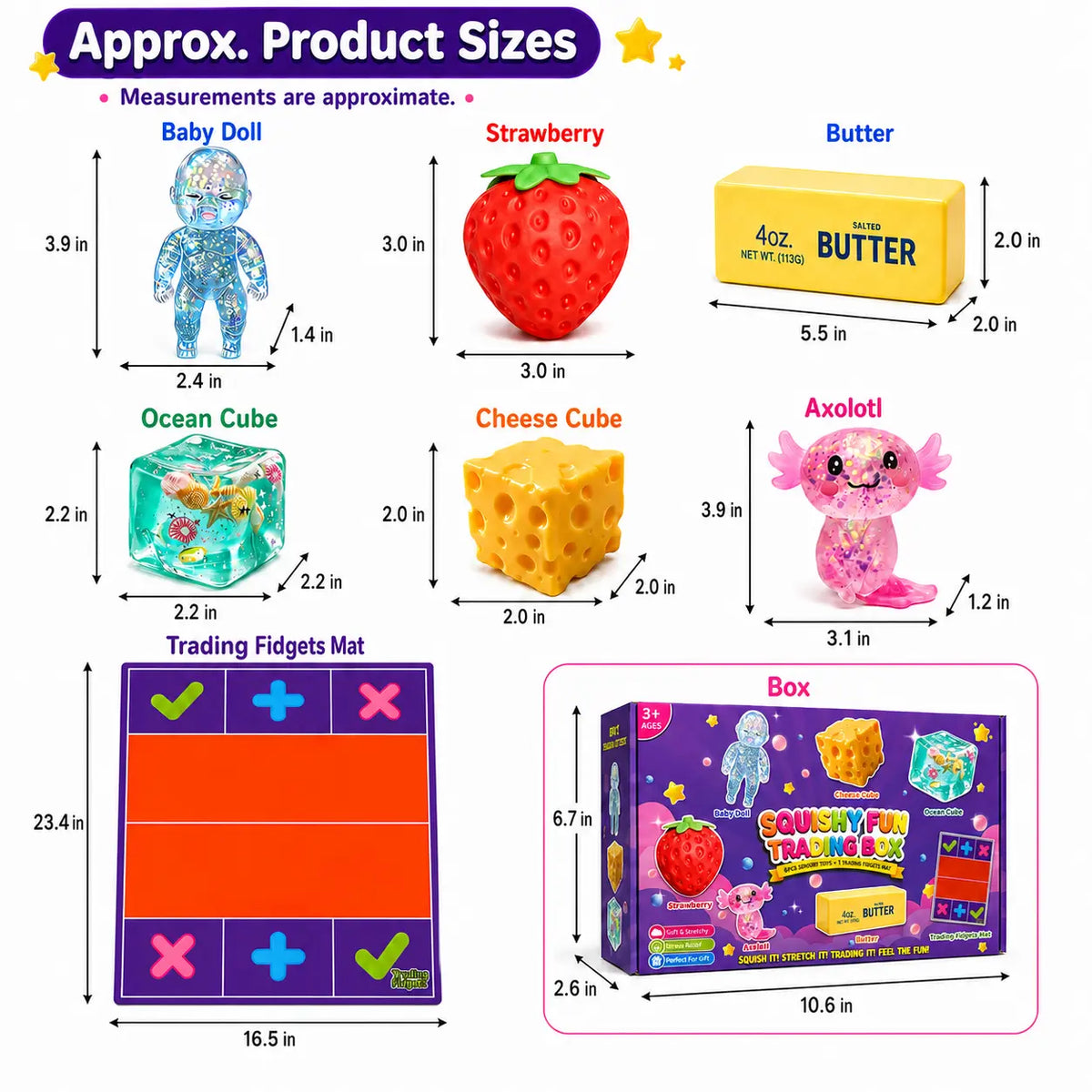 Squishy Fun Trading Box - 6Pcs Sensory StressRelief Toys with 1 Trading Fidget Mat, SoftStretchy Fidgets, Ideal Gift for Teens