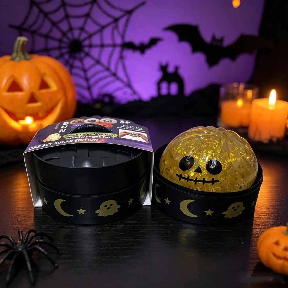 Halloween Glitter Dumpling Squishy Toy 8.5CM Pumpkin Ghost Eyeball Skull Stress Relief Squeeze Toy Halloween Part