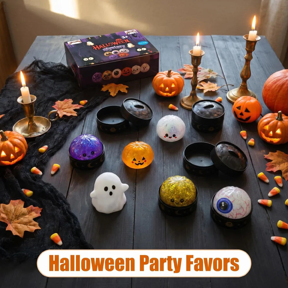 Halloween Glitter Dumpling Squishy Toy 8.5CM Pumpkin Ghost Eyeball Skull Stress Relief Squeeze Toy Halloween Part