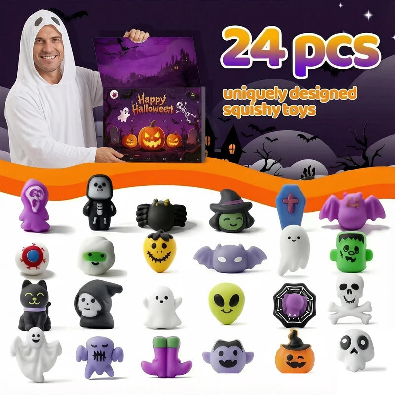 2026 New Halloween Advent Calendar Mini Squishy Blind Box Mixed Ghost Pumpkin Bat Witch Squeeze Novelty Halloween  Surprise Gift