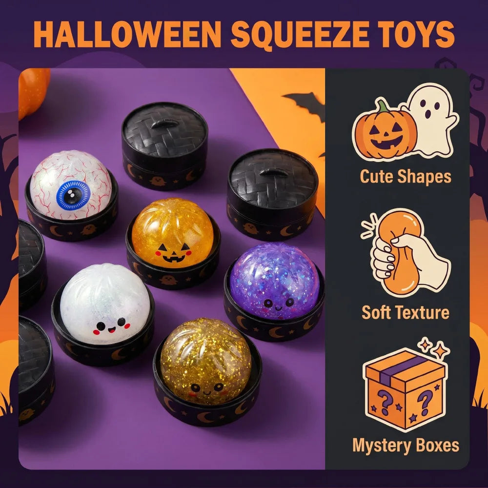 Halloween Glitter Dumpling Squishy Toy 8.5CM Pumpkin Ghost Eyeball Skull Stress Relief Squeeze Toy Halloween Part