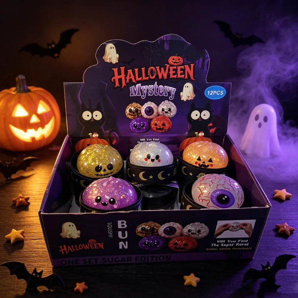 Halloween Glitter Dumpling Squishy Toy 8.5CM Pumpkin Ghost Eyeball Skull Stress Relief Squeeze Toy Halloween Part